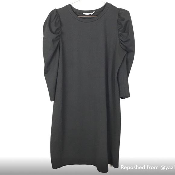 Asos Puff Sleeve Shift Dress Black Half Sleeves Round Neck Knee Length Size 14 - Picture 10 of 11